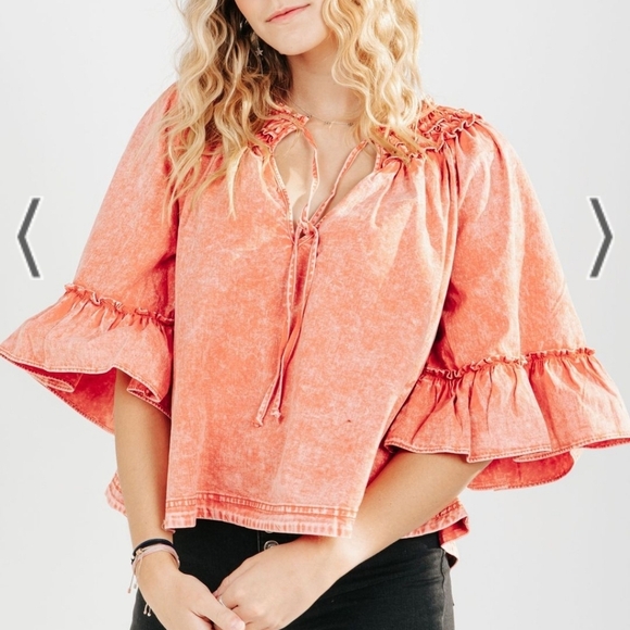 Free People Peach Flutter Sleeve Blouse with Smocked Ruffles Boho Bohemian Baggy - Picture 1 of 12
